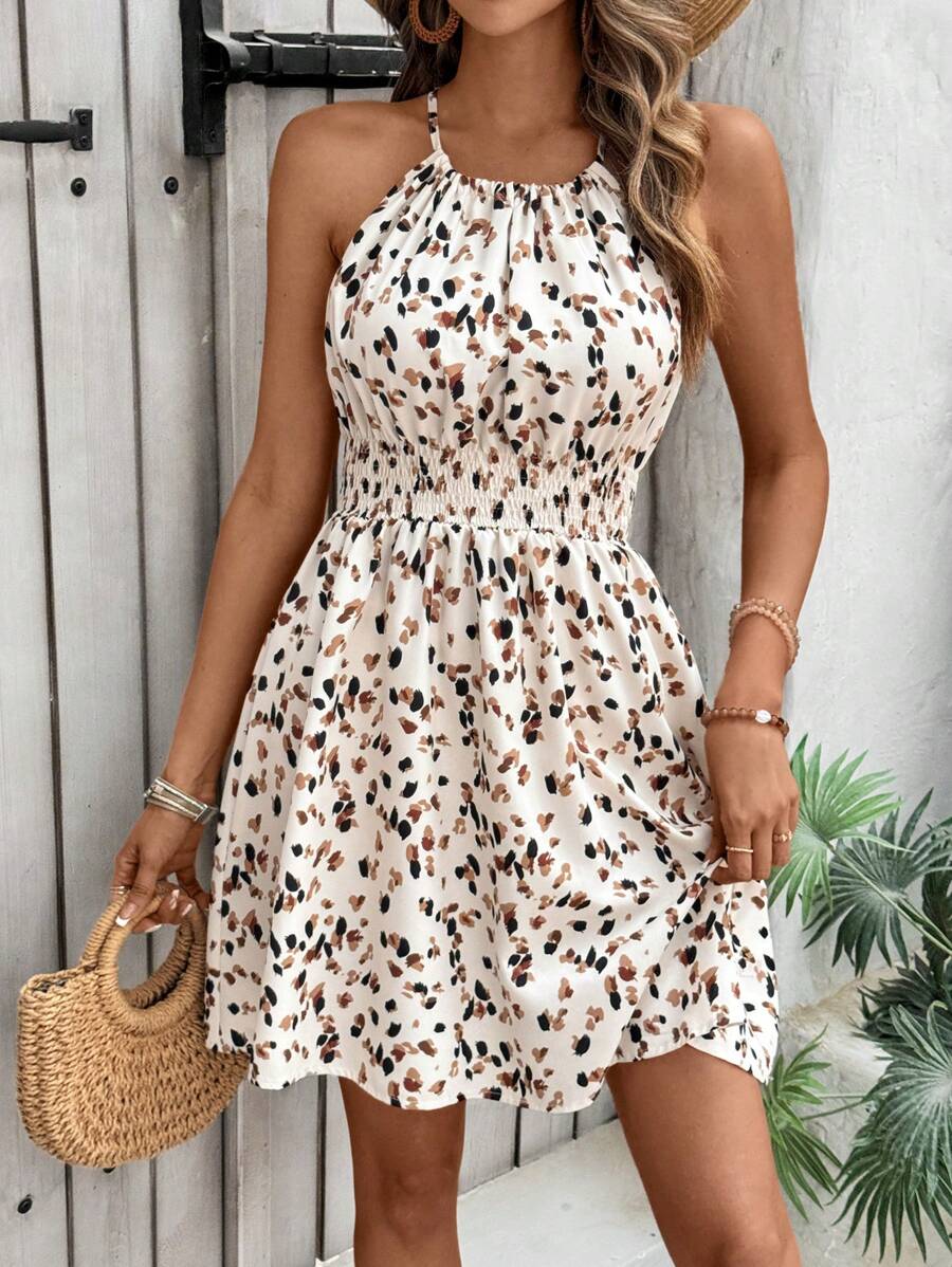 Breezaya Women's Elegant Floral Blue & White Print Sleeveless Round Neck Dress