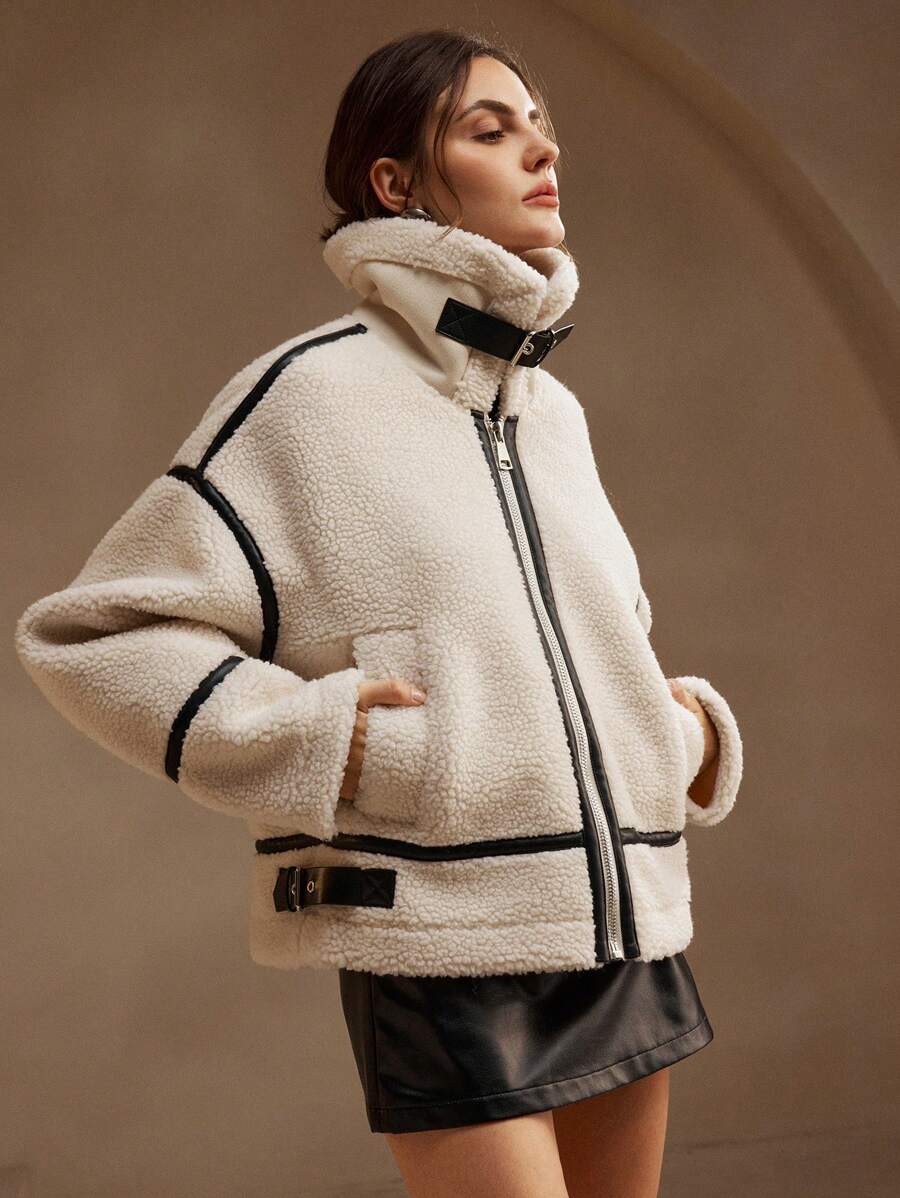 Women’s Contrast Teddy Aviator Jacket - Beige