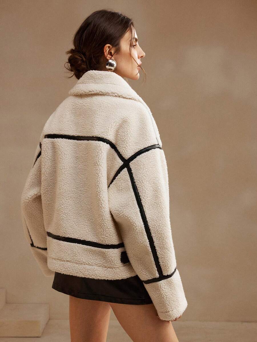 Women’s Contrast Teddy Aviator Jacket - Beige