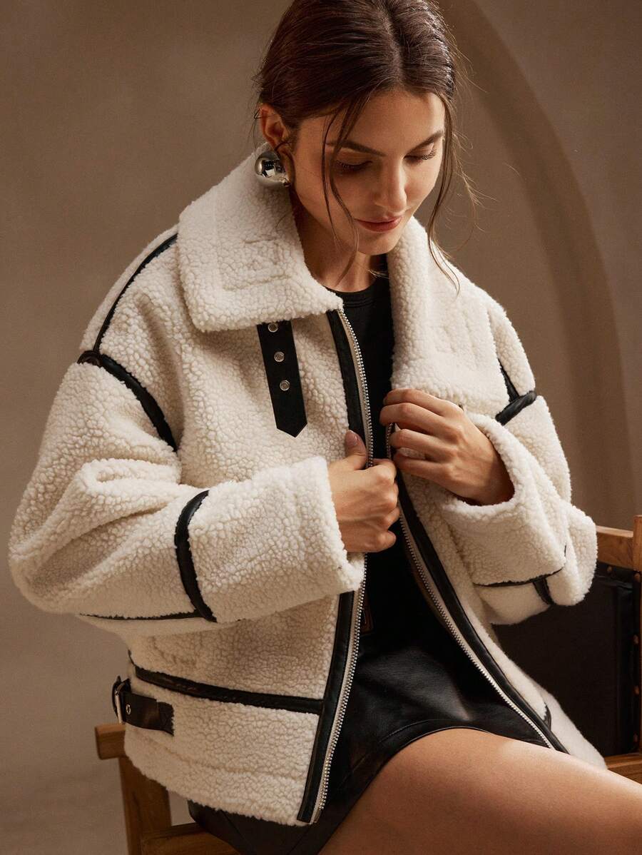 Women’s Contrast Teddy Aviator Jacket - Beige
