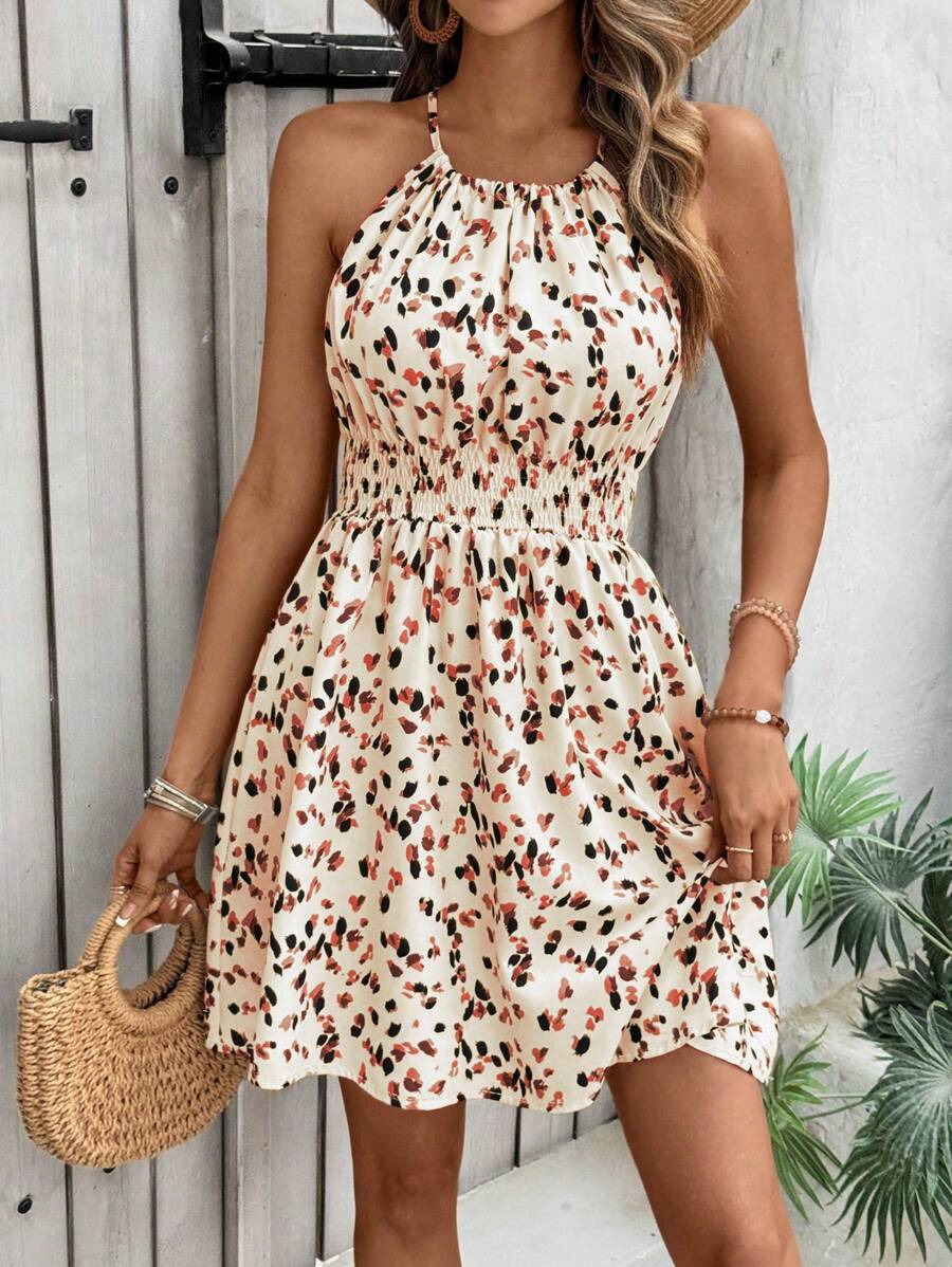 Breezaya Women's Elegant Floral Blue & White Print Sleeveless Round Neck Dress