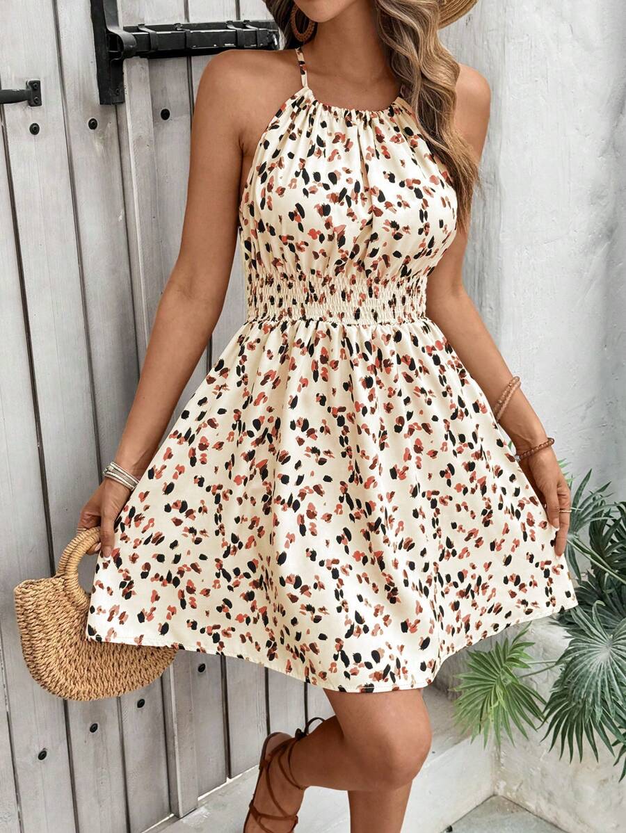 Breezaya Women's Elegant Floral Blue & White Print Sleeveless Round Neck Dress
