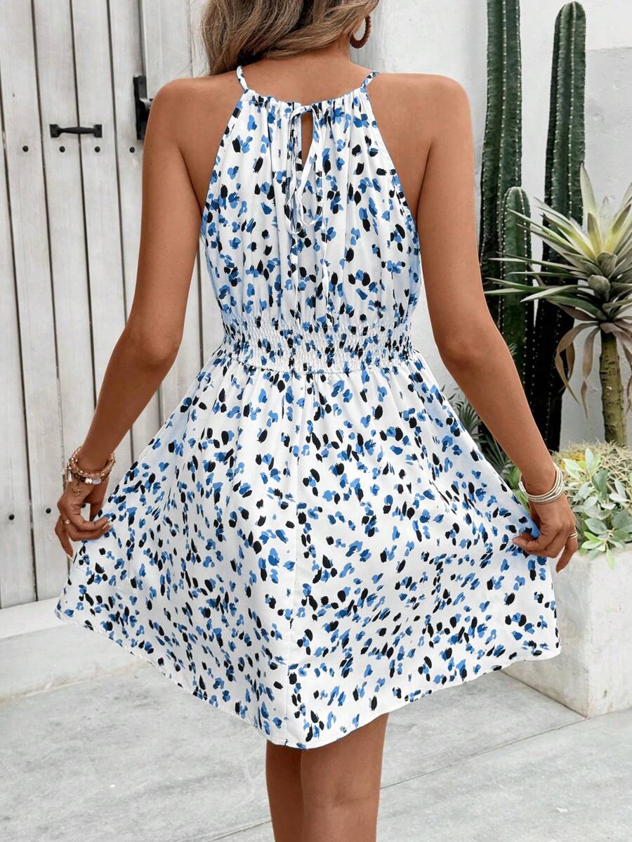 Breezaya Women's Elegant Floral Blue & White Print Sleeveless Round Neck Dress