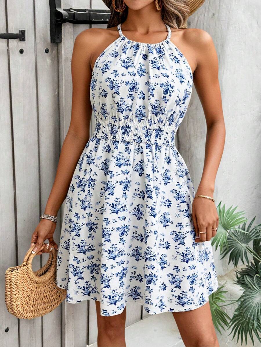 Breezaya Women's Elegant Floral Blue & White Print Sleeveless Round Neck Dress