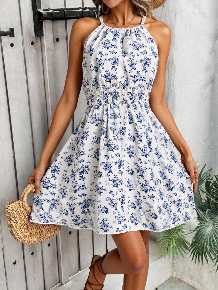 Breezaya Women's Elegant Floral Blue & White Print Sleeveless Round Neck Dress