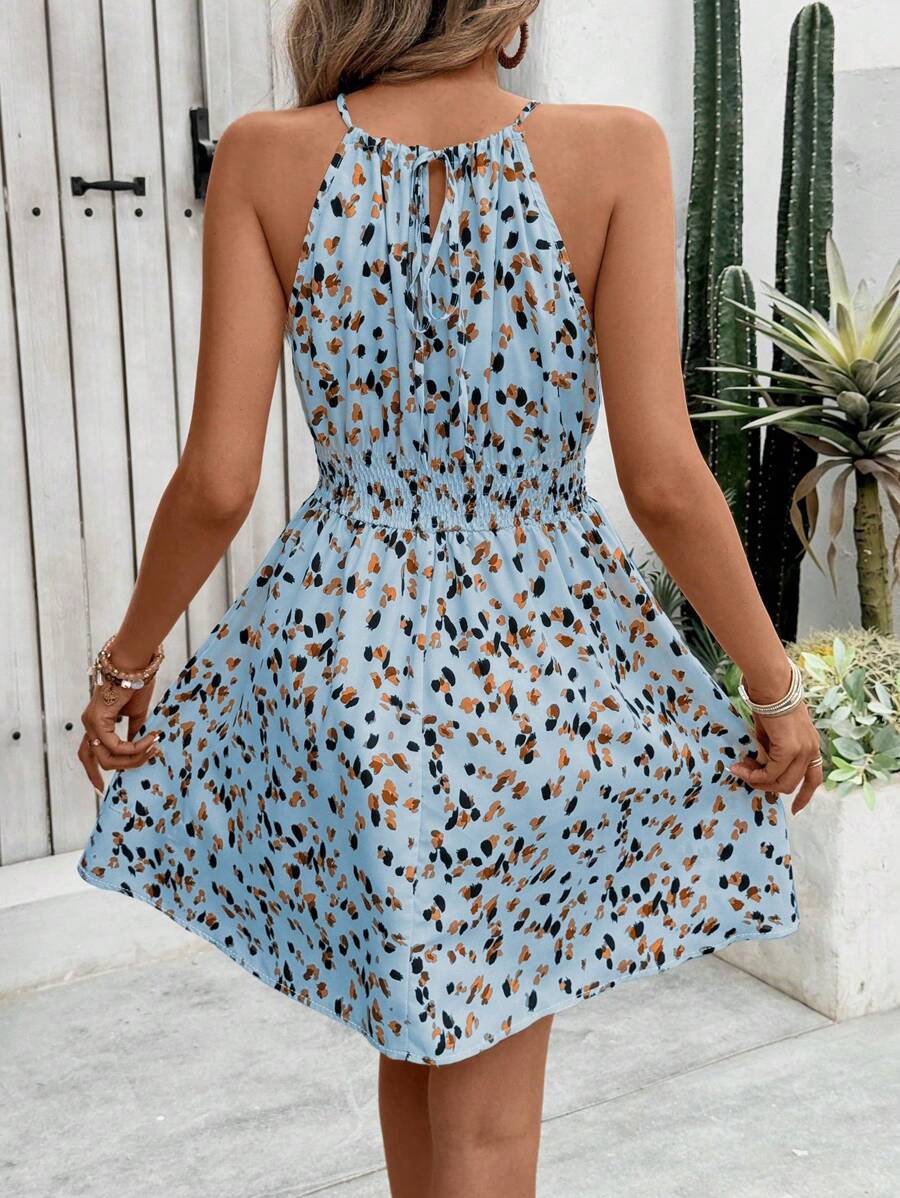Breezaya Women's Elegant Floral Blue & White Print Sleeveless Round Neck Dress
