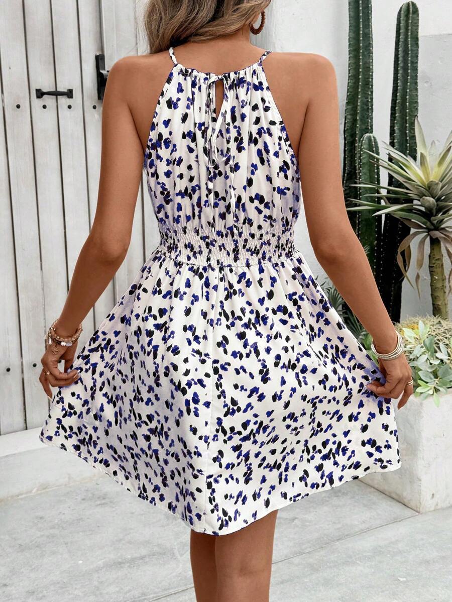 Breezaya Women's Elegant Floral Blue & White Print Sleeveless Round Neck Dress