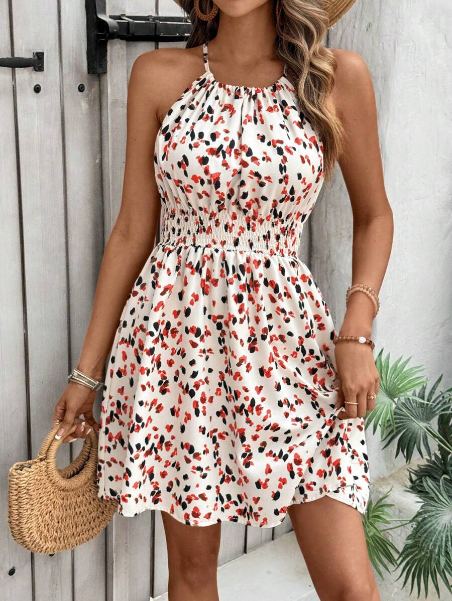 Breezaya Women's Elegant Floral Blue & White Print Sleeveless Round Neck Dress