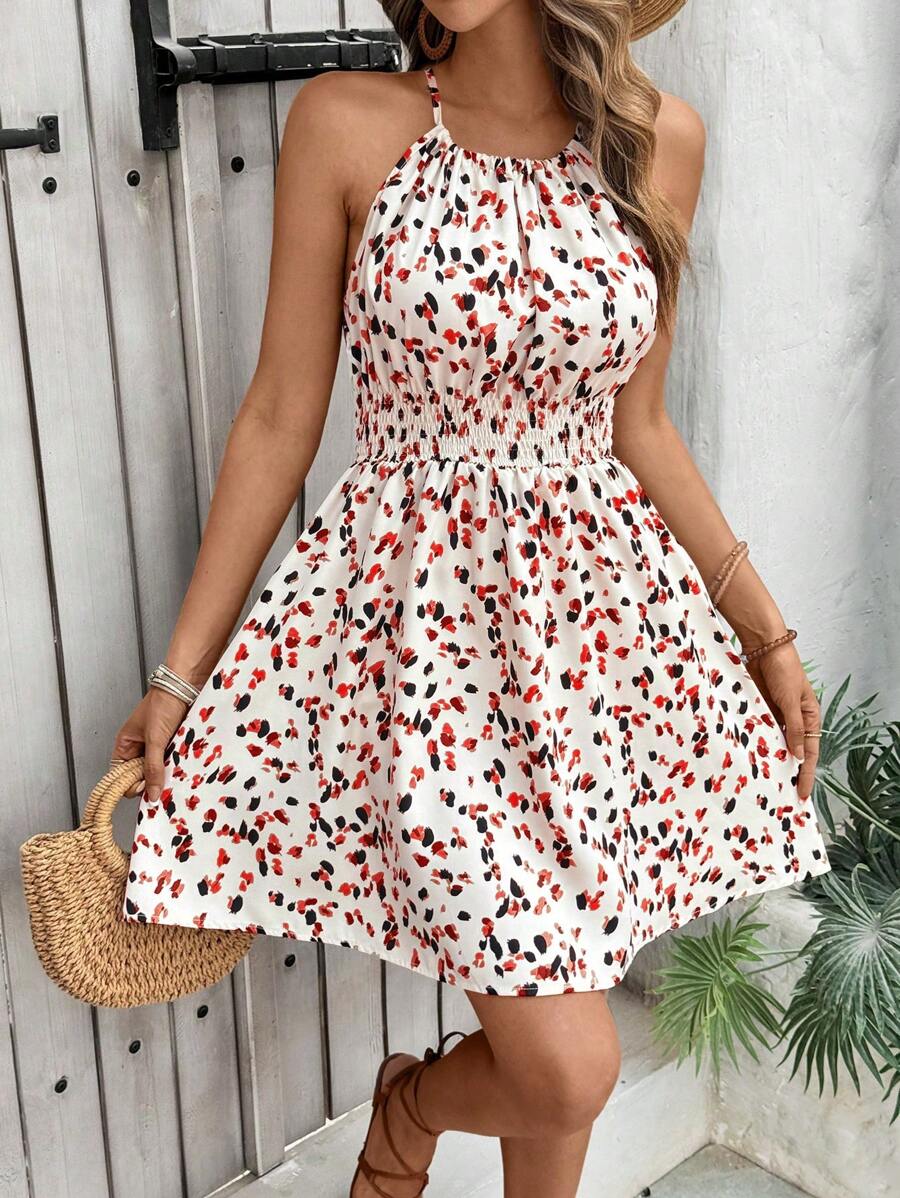 Breezaya Women's Elegant Floral Blue & White Print Sleeveless Round Neck Dress
