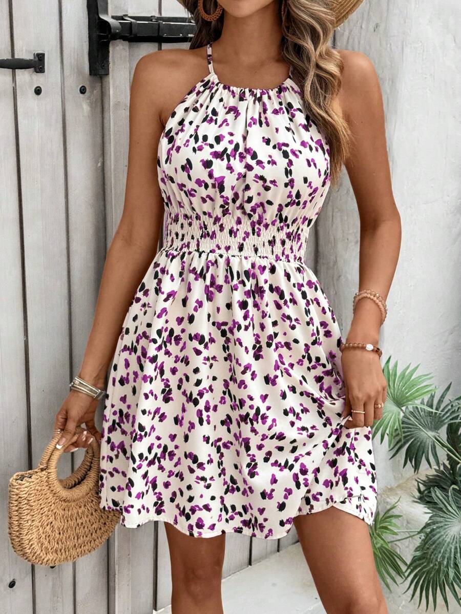 Breezaya Women's Elegant Floral Blue & White Print Sleeveless Round Neck Dress