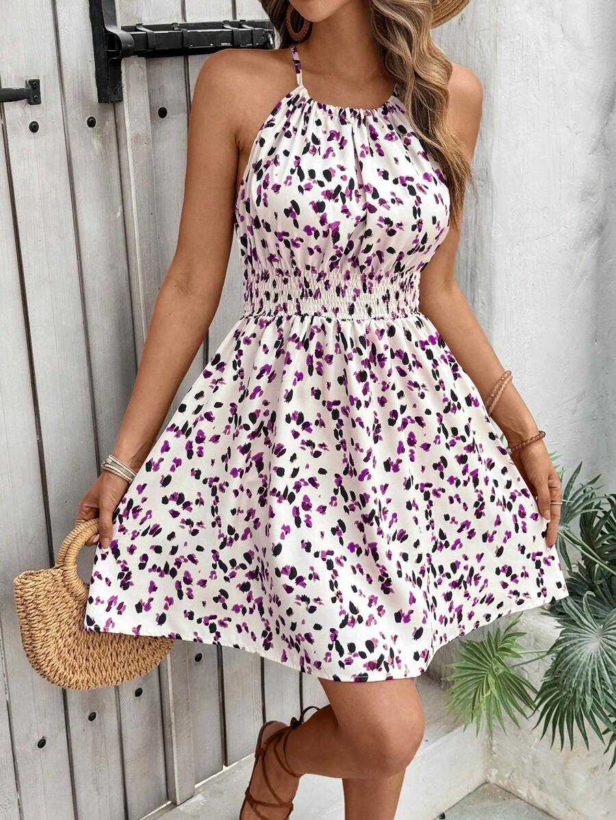 Breezaya Women's Elegant Floral Blue & White Print Sleeveless Round Neck Dress
