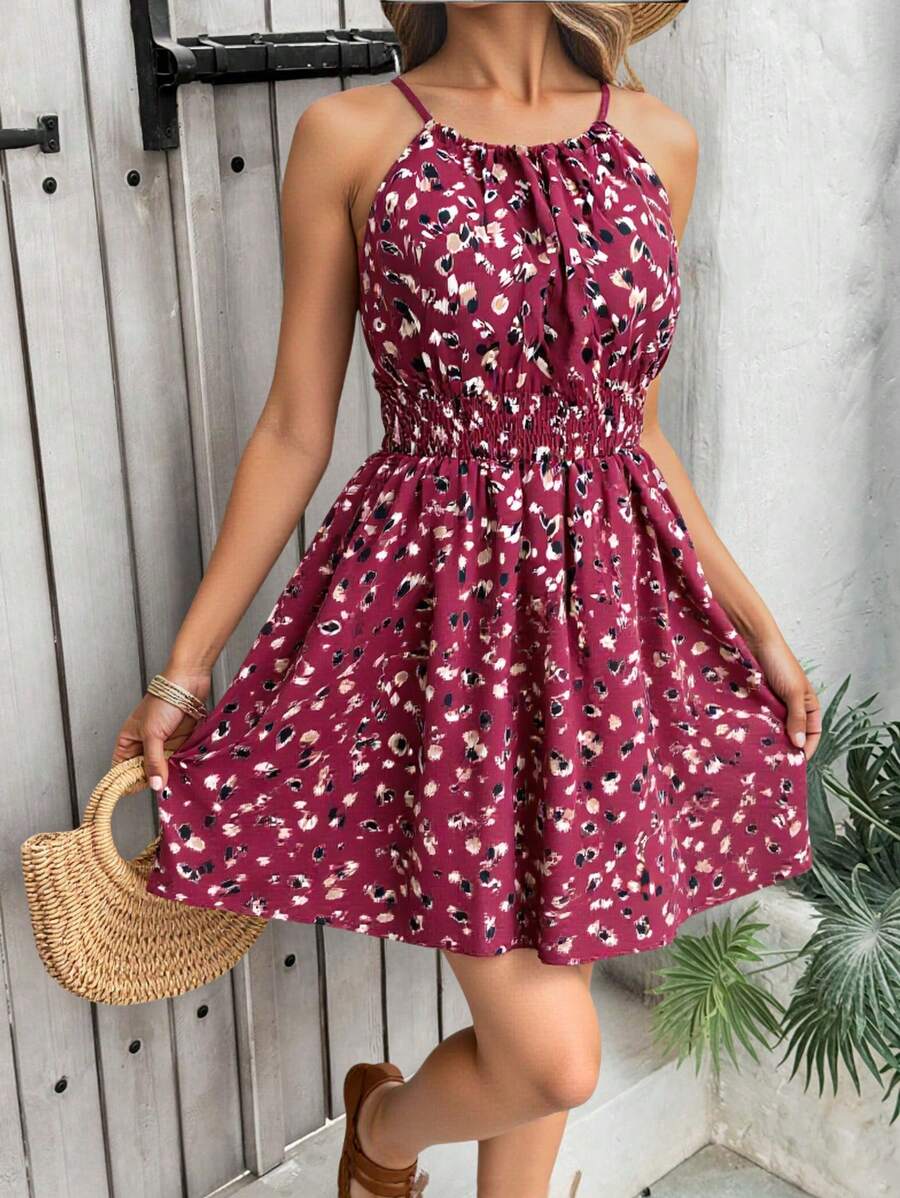 Breezaya Women's Elegant Floral Blue & White Print Sleeveless Round Neck Dress