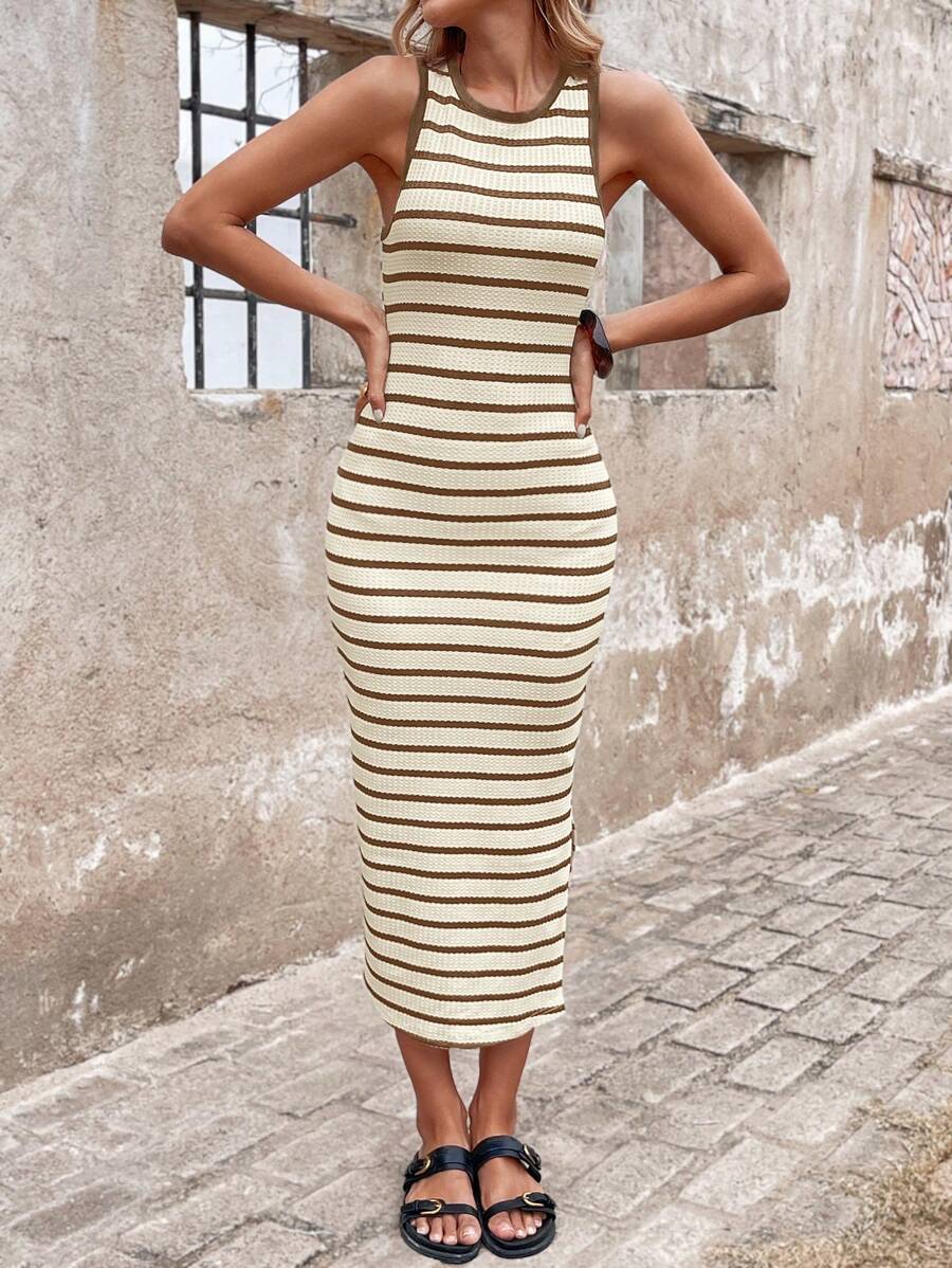 Black & White Striped Midi Dress – Sleek Side Slit, Effortless Elegance