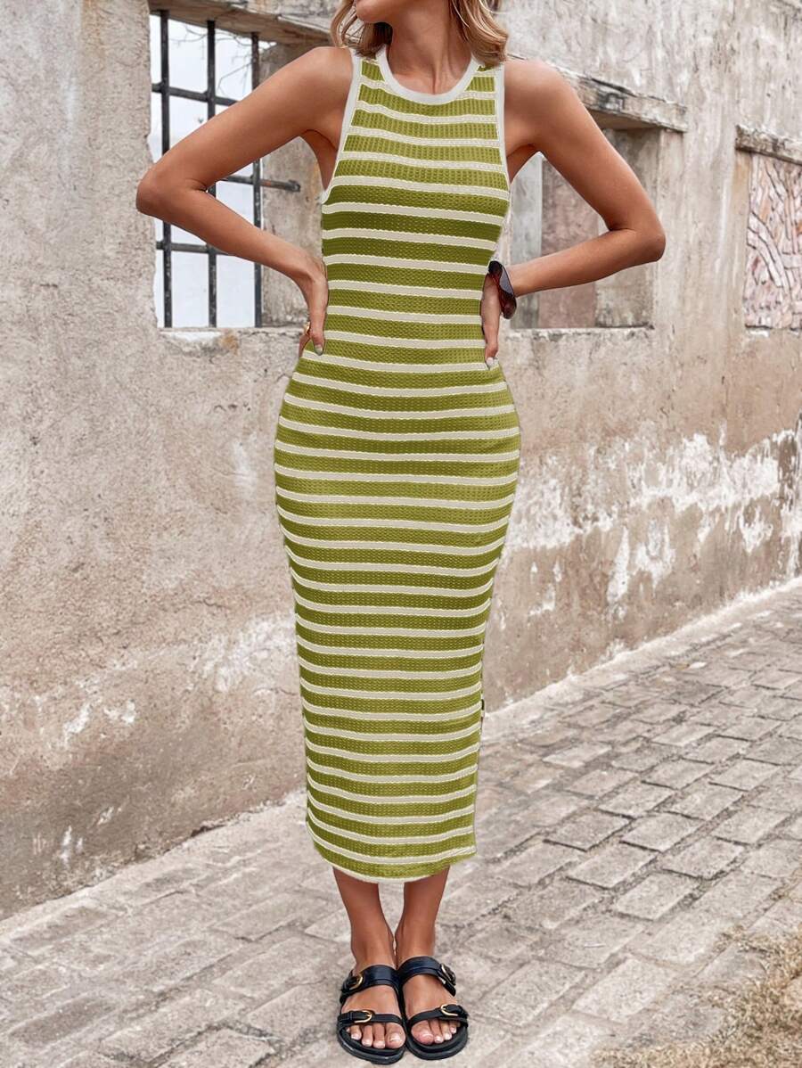 Black & White Striped Midi Dress – Sleek Side Slit, Effortless Elegance