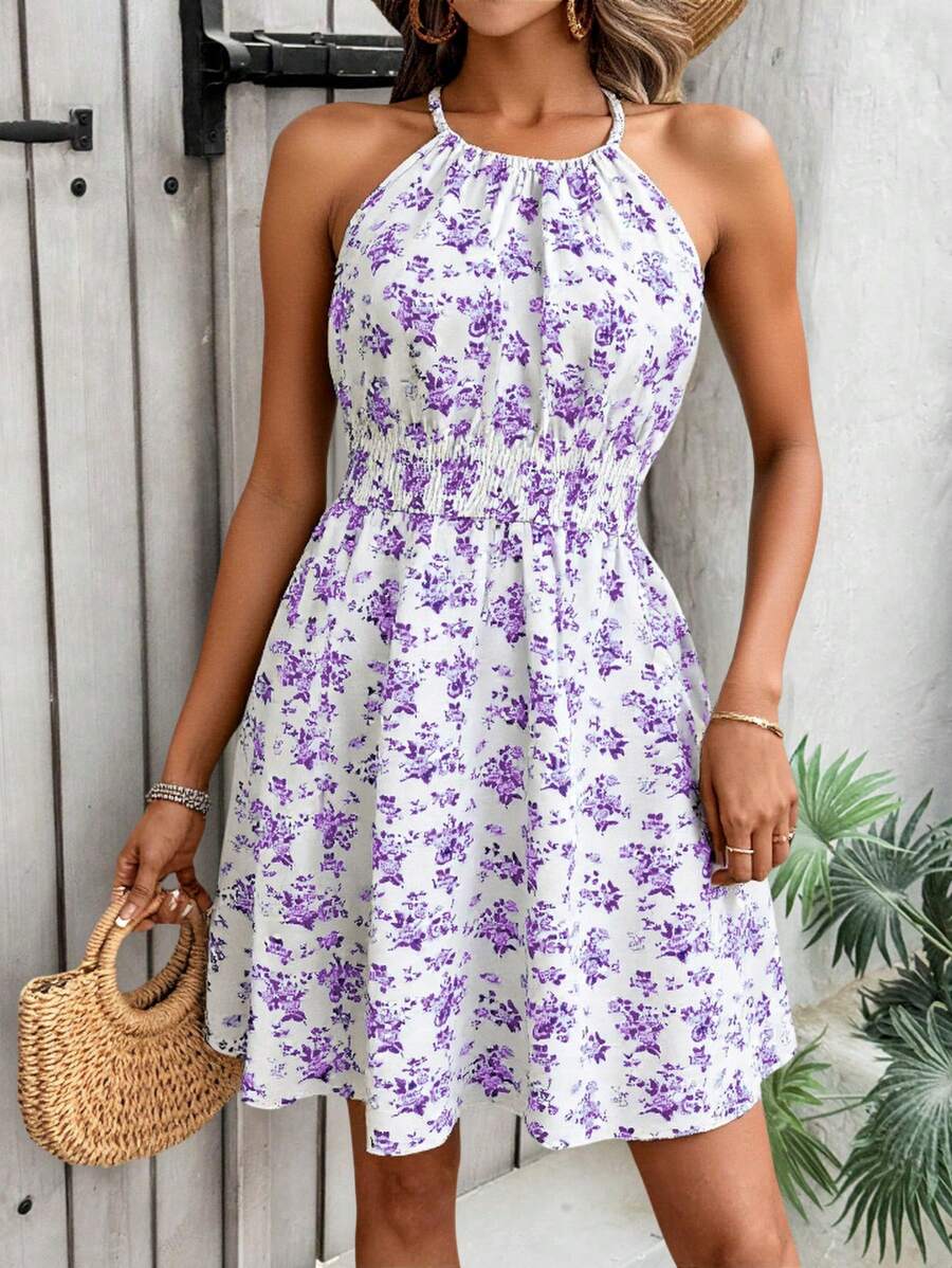 Breezaya Women's Elegant Floral Blue & White Print Sleeveless Round Neck Dress