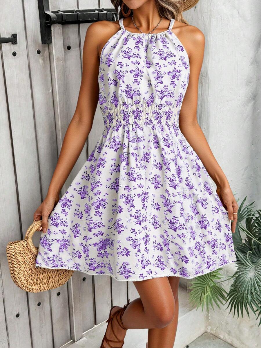 Breezaya Women's Elegant Floral Blue & White Print Sleeveless Round Neck Dress