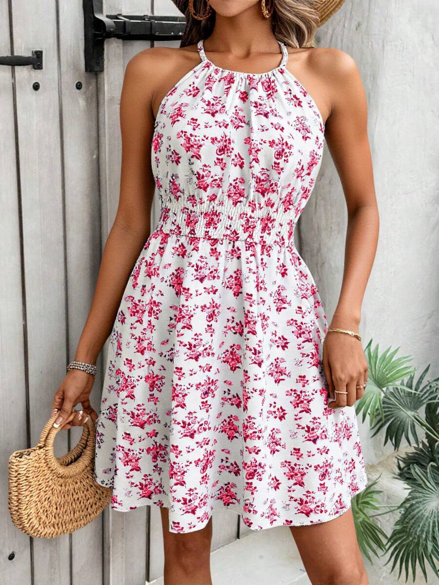 Breezaya Women's Elegant Floral Blue & White Print Sleeveless Round Neck Dress