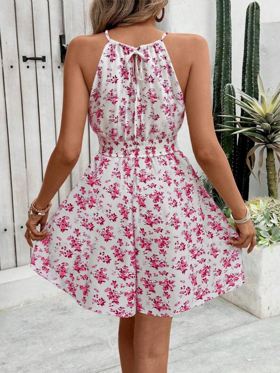 Breezaya Women's Elegant Floral Blue & White Print Sleeveless Round Neck Dress