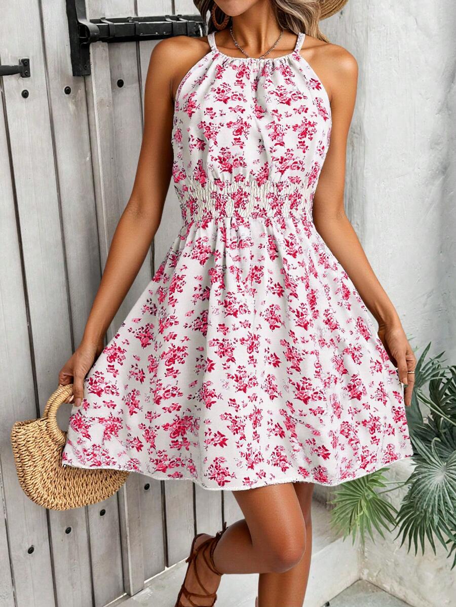 Breezaya Women's Elegant Floral Blue & White Print Sleeveless Round Neck Dress