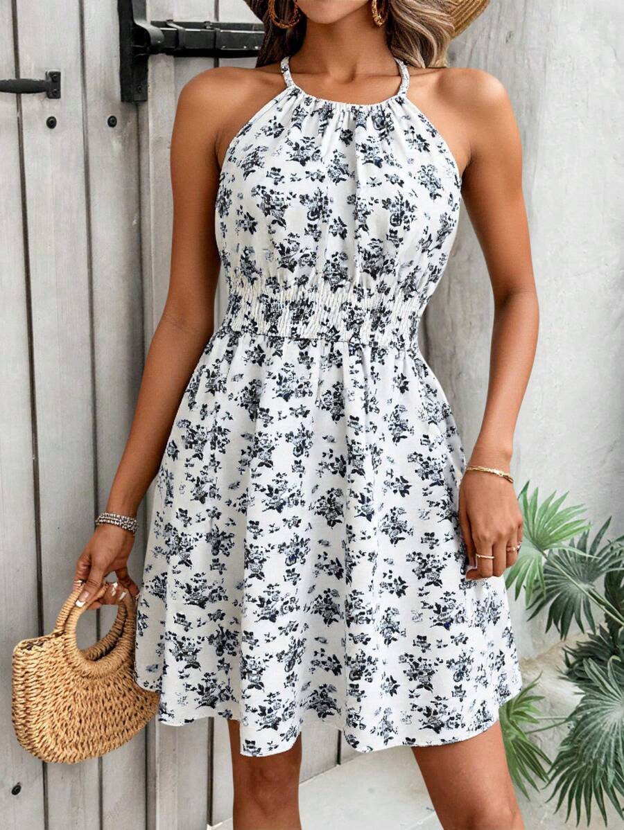 Breezaya Women's Elegant Floral Blue & White Print Sleeveless Round Neck Dress