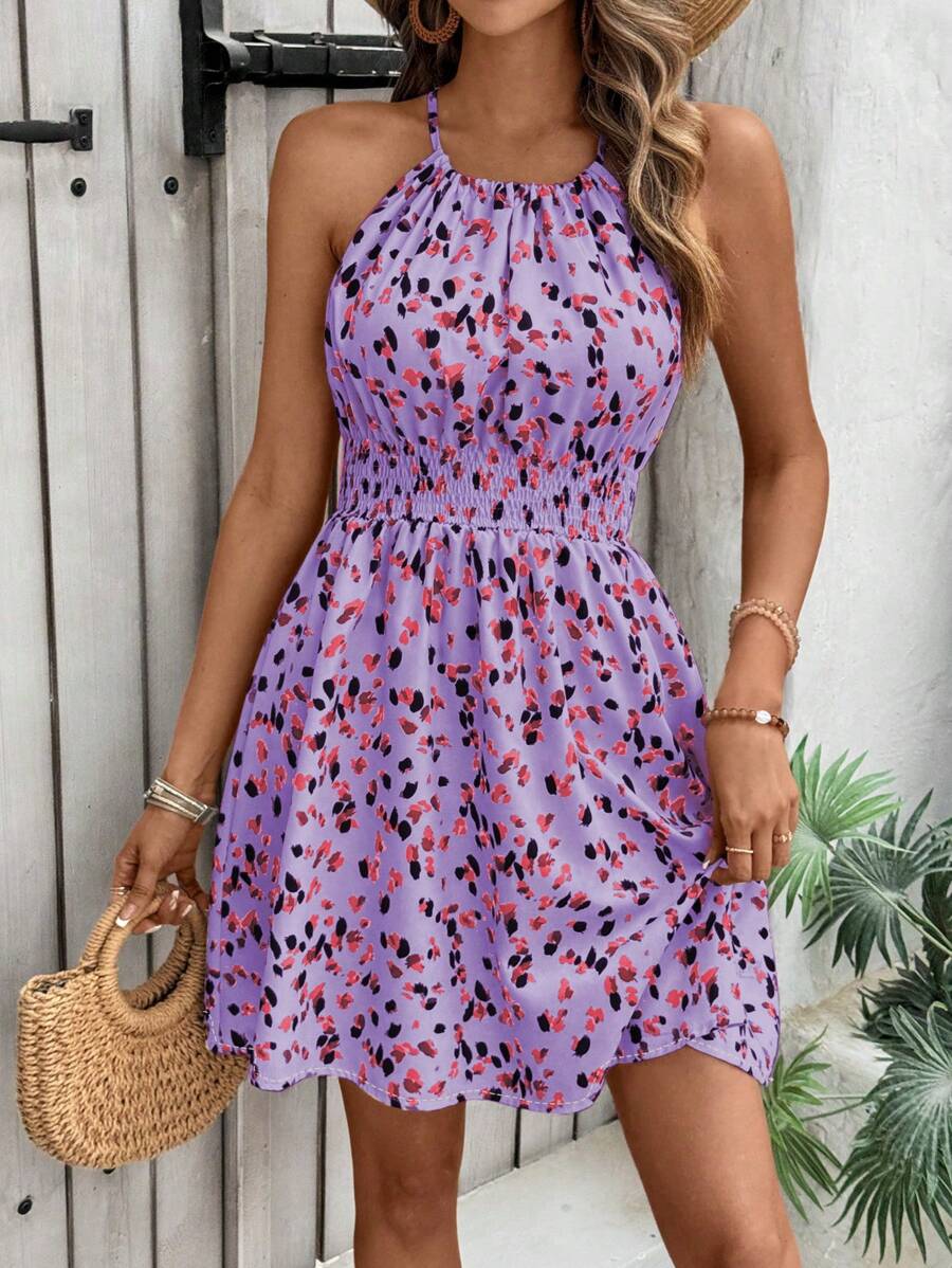 Breezaya Women's Elegant Floral Blue & White Print Sleeveless Round Neck Dress