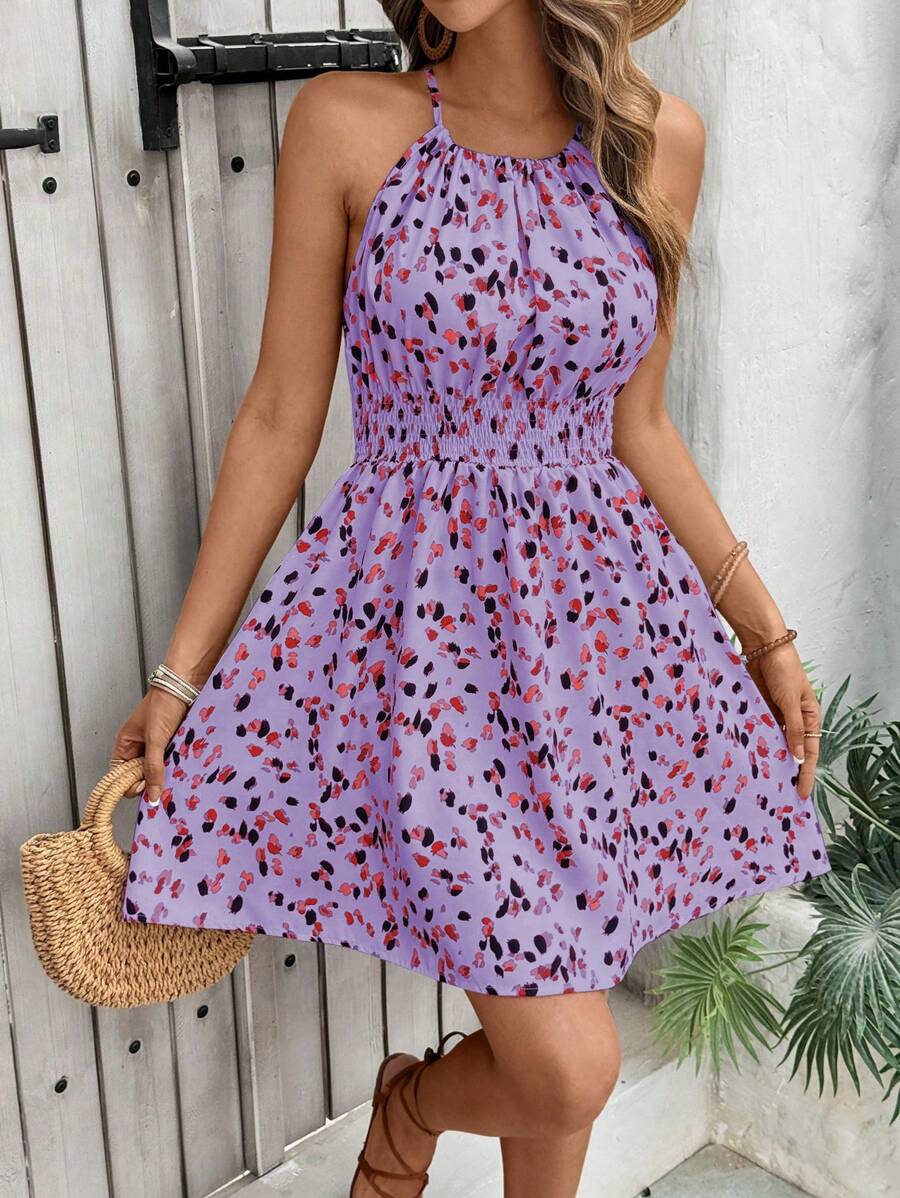 Breezaya Women's Elegant Floral Blue & White Print Sleeveless Round Neck Dress