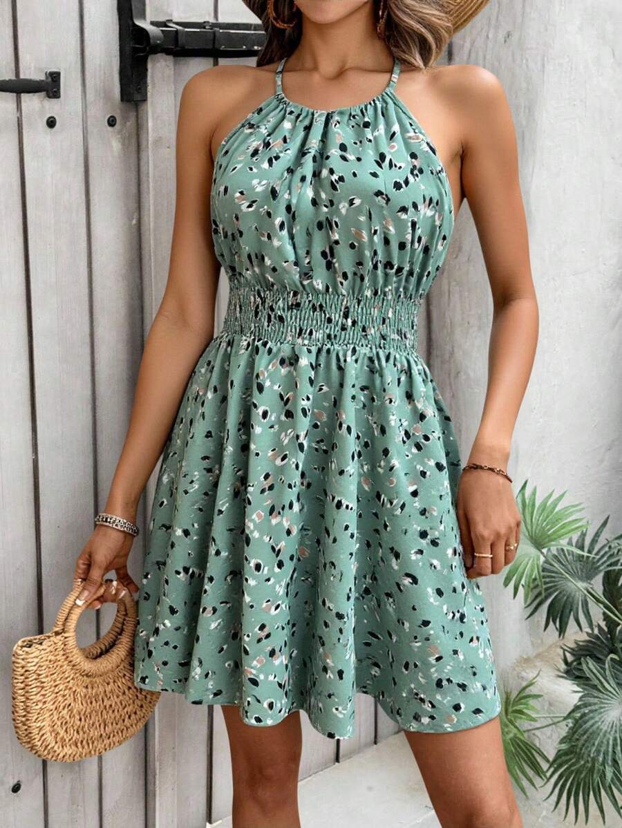 Breezaya Women's Elegant Floral Blue & White Print Sleeveless Round Neck Dress