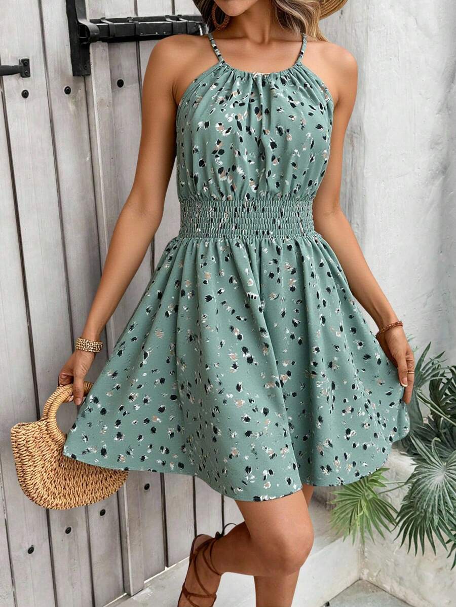 Breezaya Women's Elegant Floral Blue & White Print Sleeveless Round Neck Dress