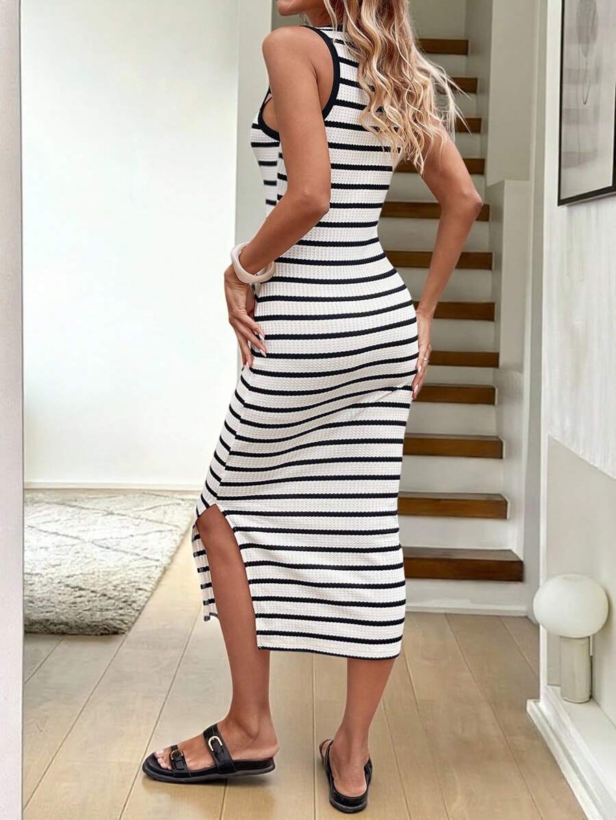Black & White Striped Midi Dress – Sleek Side Slit, Effortless Elegance