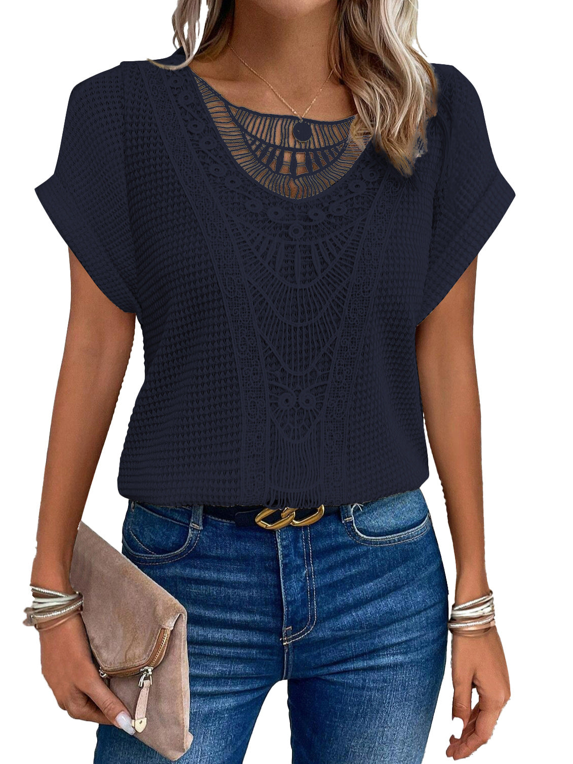 Zarelle | Lace Detail Short Sleeve Top