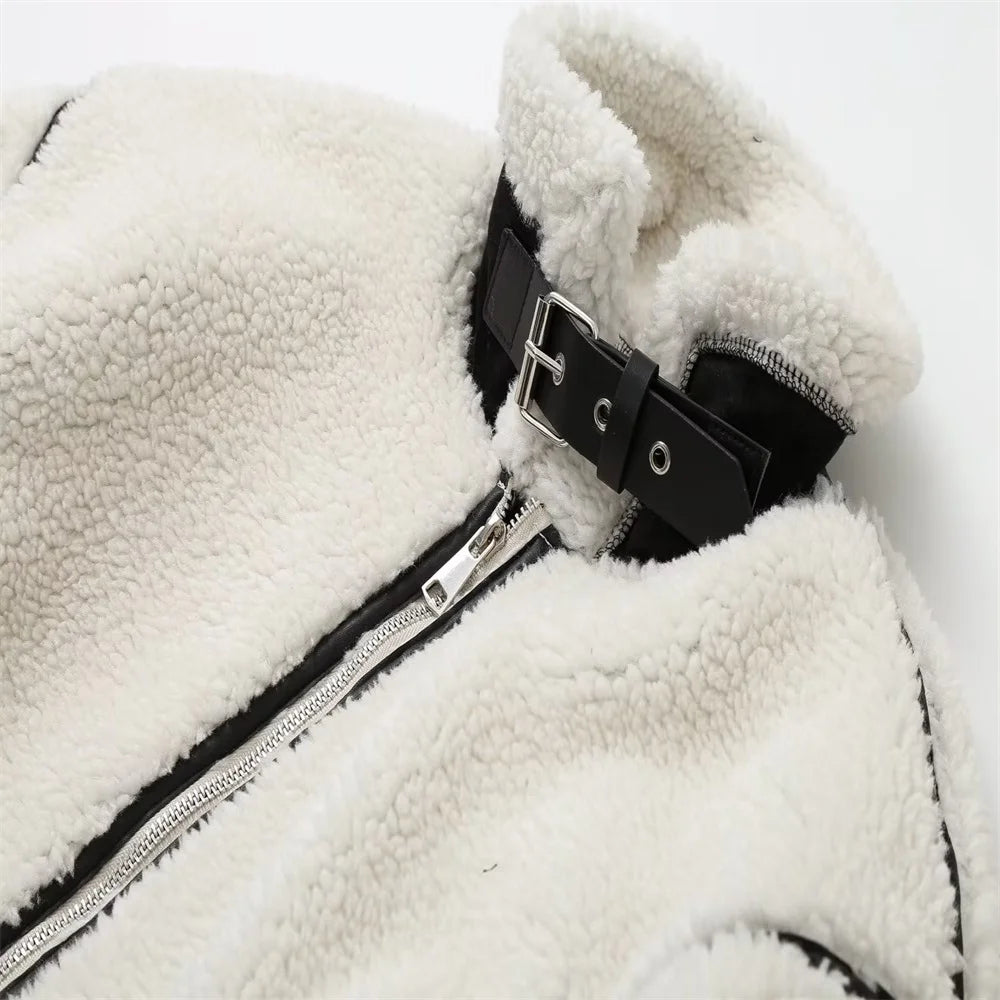 Women’s Contrast Teddy Aviator Jacket - Beige
