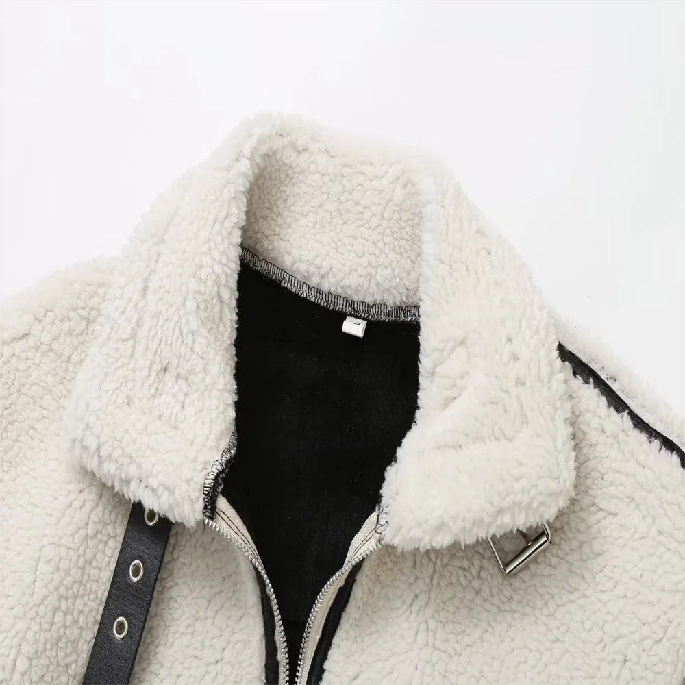 Women’s Contrast Teddy Aviator Jacket - Beige