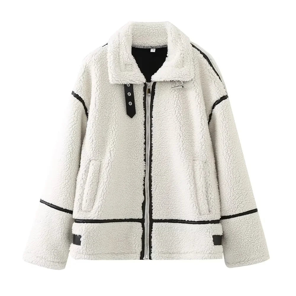 Women’s Contrast Teddy Aviator Jacket - Beige