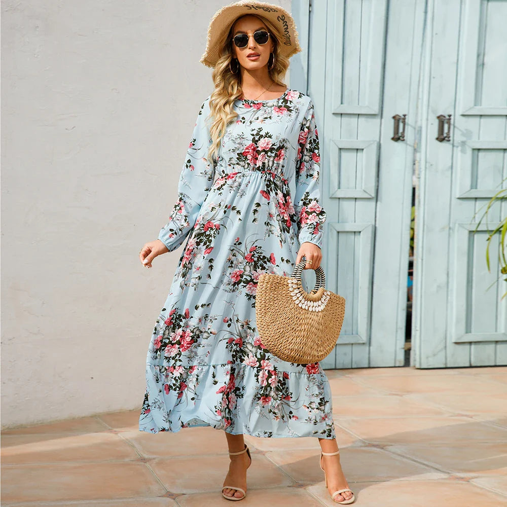 Chelsea - Floral Print Wrap Maxi Dress with Long Sleeves