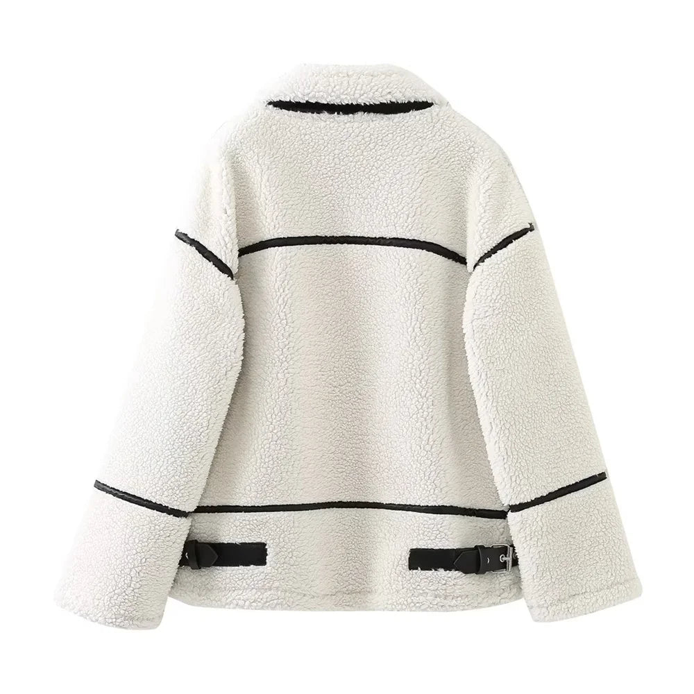 Women’s Contrast Teddy Aviator Jacket - Beige