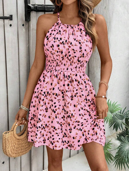 Breezaya Women's Elegant Floral Blue & White Print Sleeveless Round Neck Dress