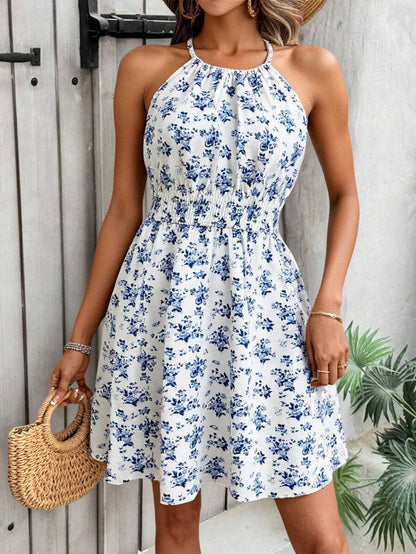 Breezaya Women's Elegant Floral Blue & White Print Sleeveless Round Neck Dress