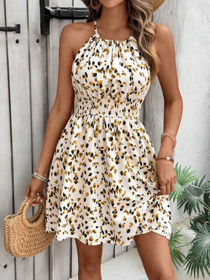 Breezaya Women's Elegant Floral Blue & White Print Sleeveless Round Neck Dress