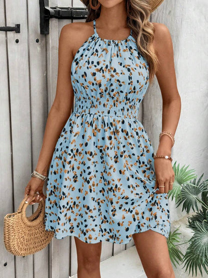 Breezaya Women's Elegant Floral Blue & White Print Sleeveless Round Neck Dress