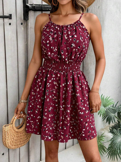 Breezaya Women's Elegant Floral Blue & White Print Sleeveless Round Neck Dress