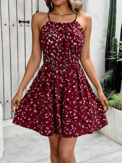 Breezaya Women's Elegant Floral Blue & White Print Sleeveless Round Neck Dress