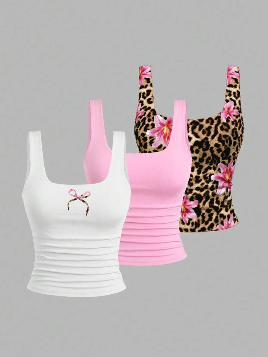 Sweetra Women's Casual Versatile Tank Top, Summer Graphic Cheetah Print Tees Women Tops