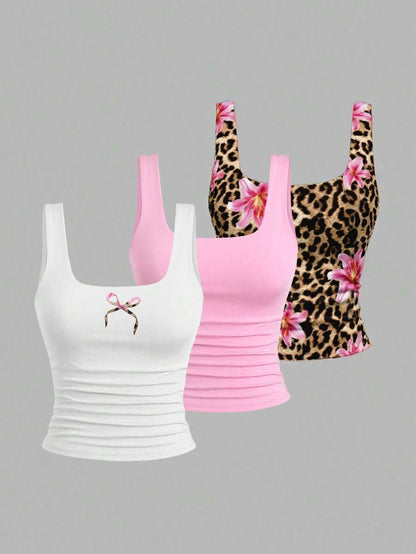 Sweetra Women's Casual Versatile Tank Top, Summer Graphic Cheetah Print Tees Women Tops