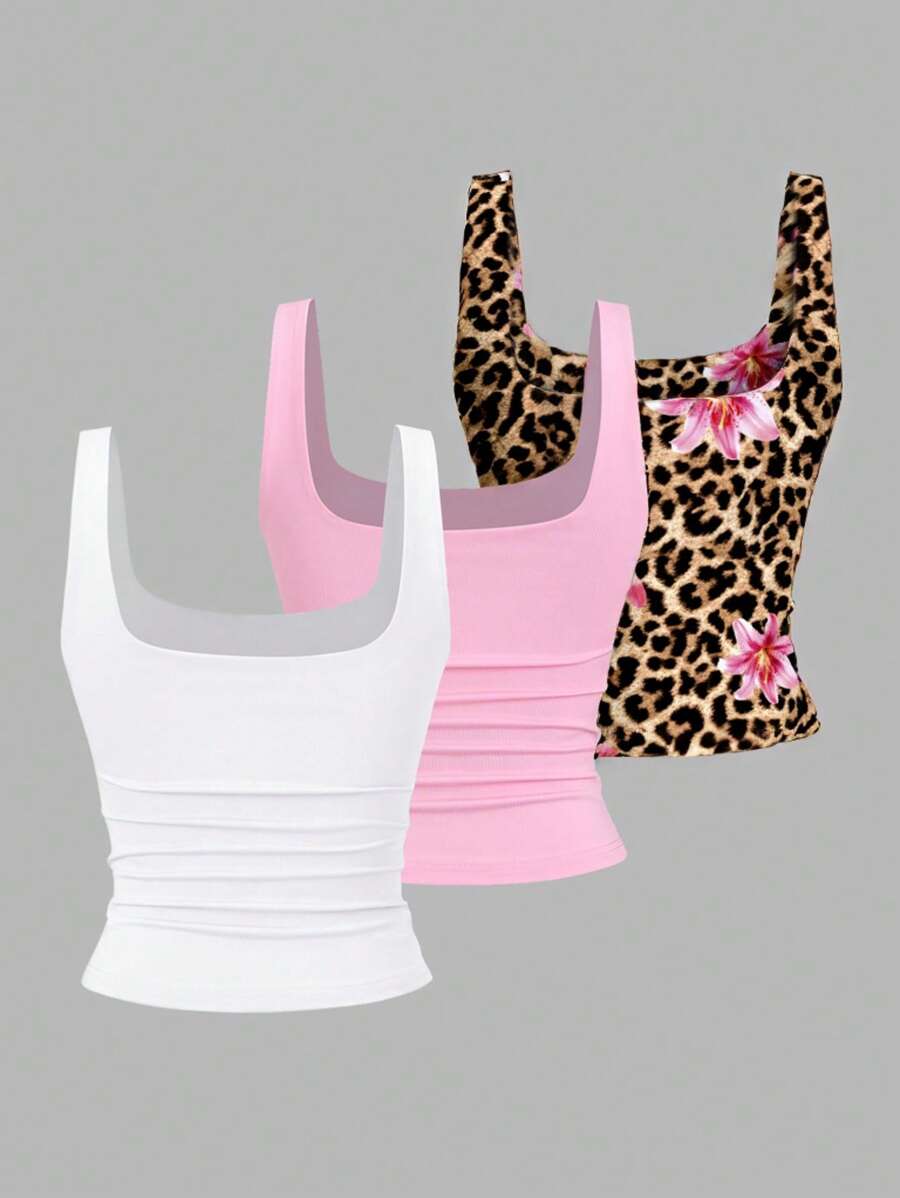 Sweetra Women's Casual Versatile Tank Top, Summer Graphic Cheetah Print Tees Women Tops