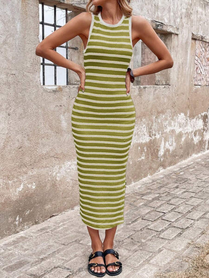 Black & White Striped Midi Dress – Sleek Side Slit, Effortless Elegance