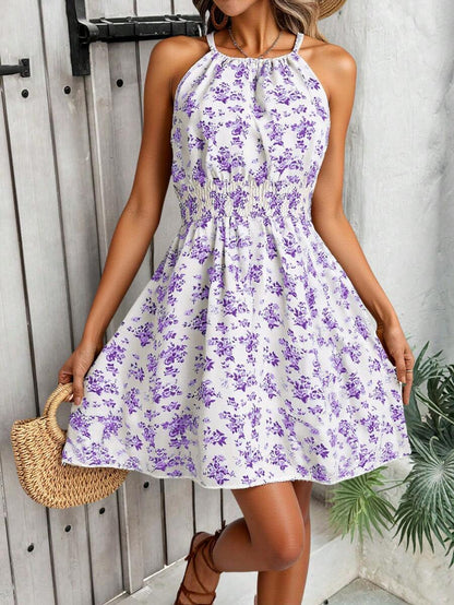 Breezaya Women's Elegant Floral Blue & White Print Sleeveless Round Neck Dress
