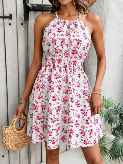 Breezaya Women's Elegant Floral Blue & White Print Sleeveless Round Neck Dress