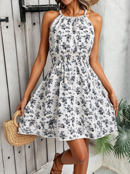 Breezaya Women's Elegant Floral Blue & White Print Sleeveless Round Neck Dress