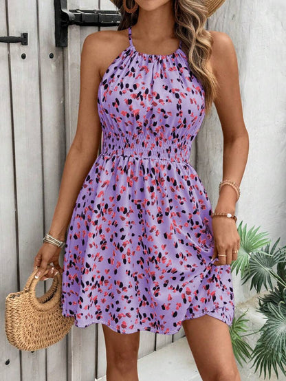 Breezaya Women's Elegant Floral Blue & White Print Sleeveless Round Neck Dress