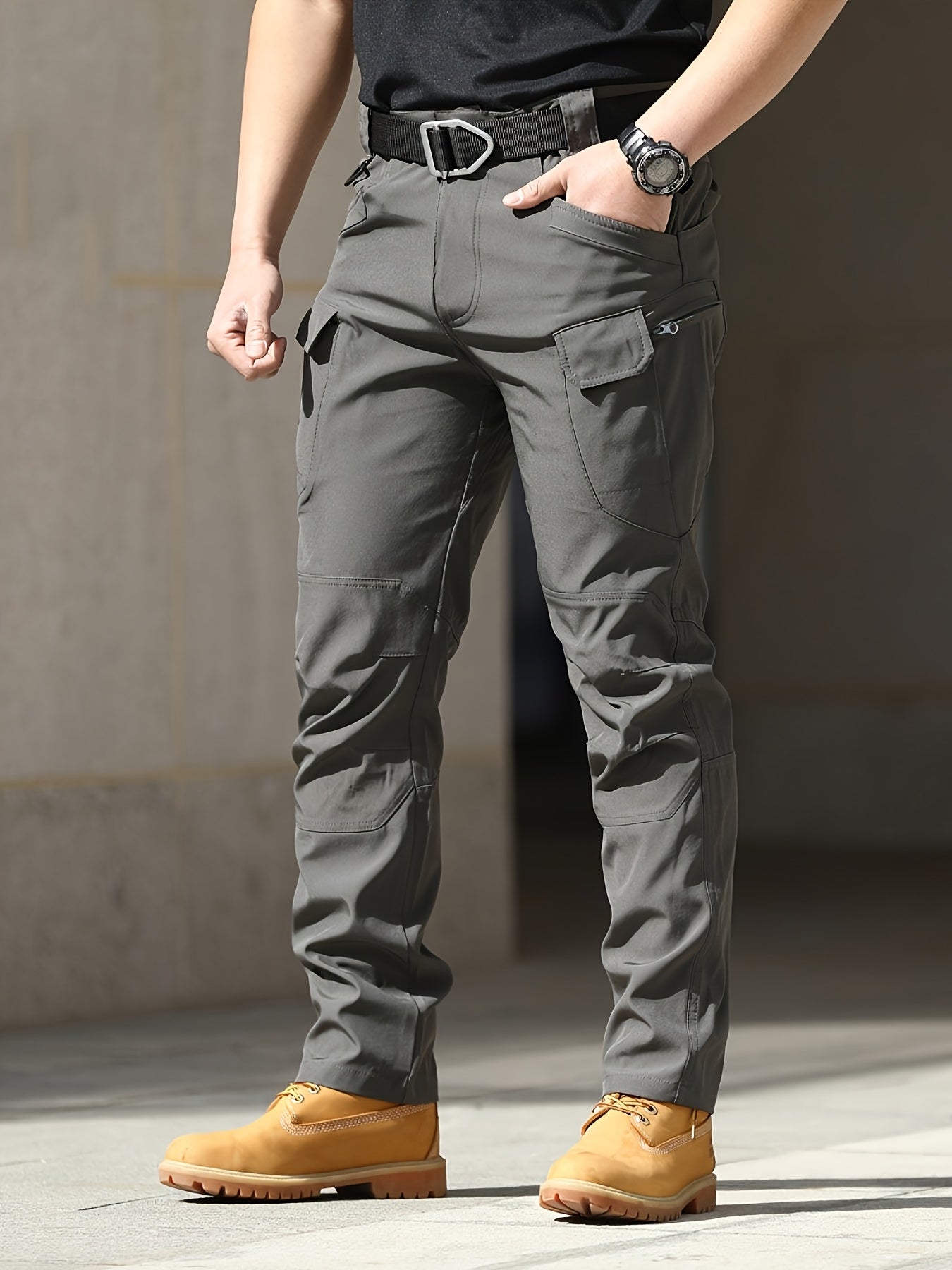Men'S Stretchy Black Cargo Work Pants - Elastic Waist, Multi-Pocket Design for Hiking & Everyday Comfort, Durable & Comfort Fit, Outdoor Pants|Casual Cargo Pants|Glossy Finish Pant
